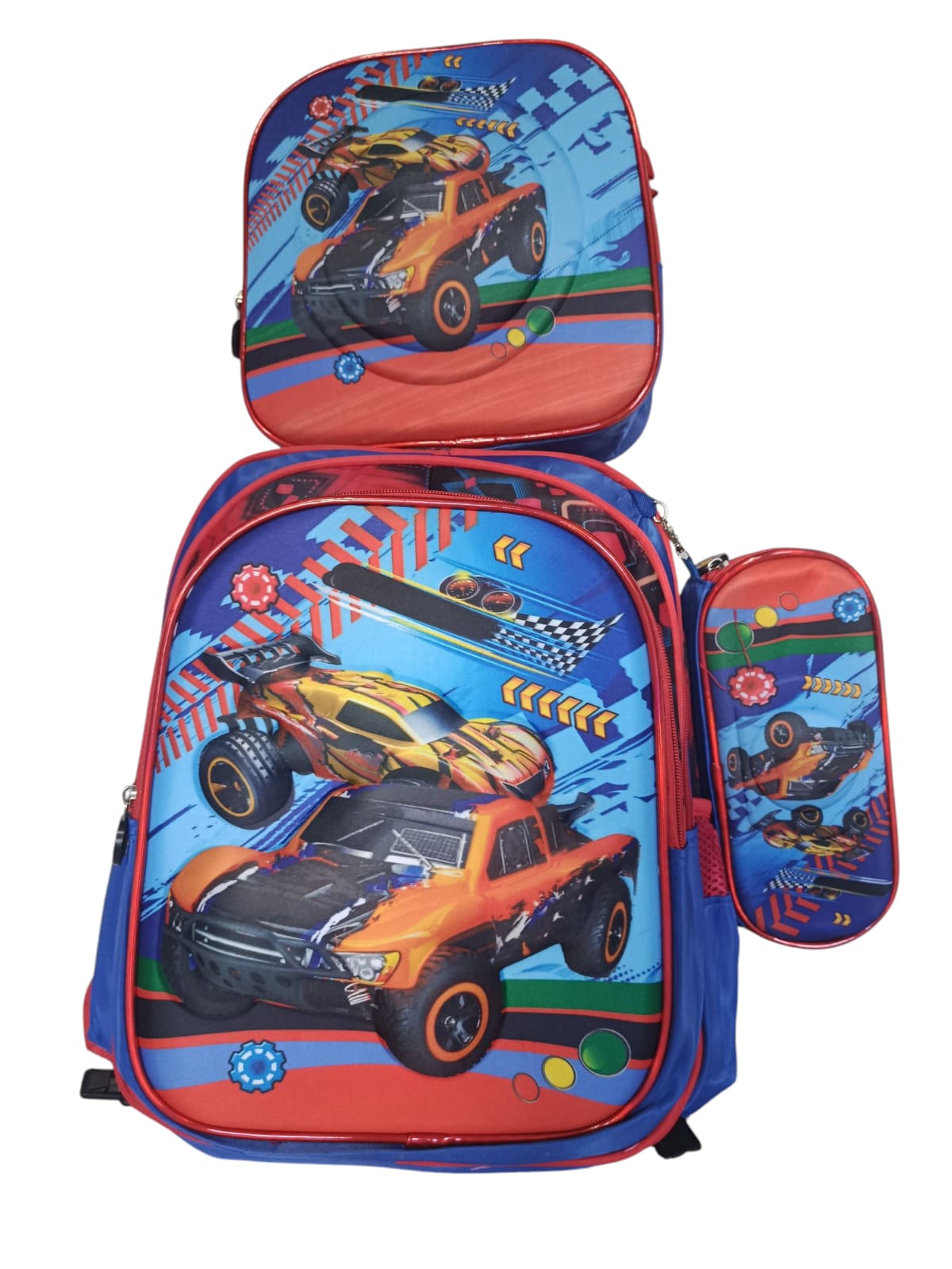 Kit Mochila Escolar Infantil Estampa de carrinho em 3d + Lancheira + Estojo